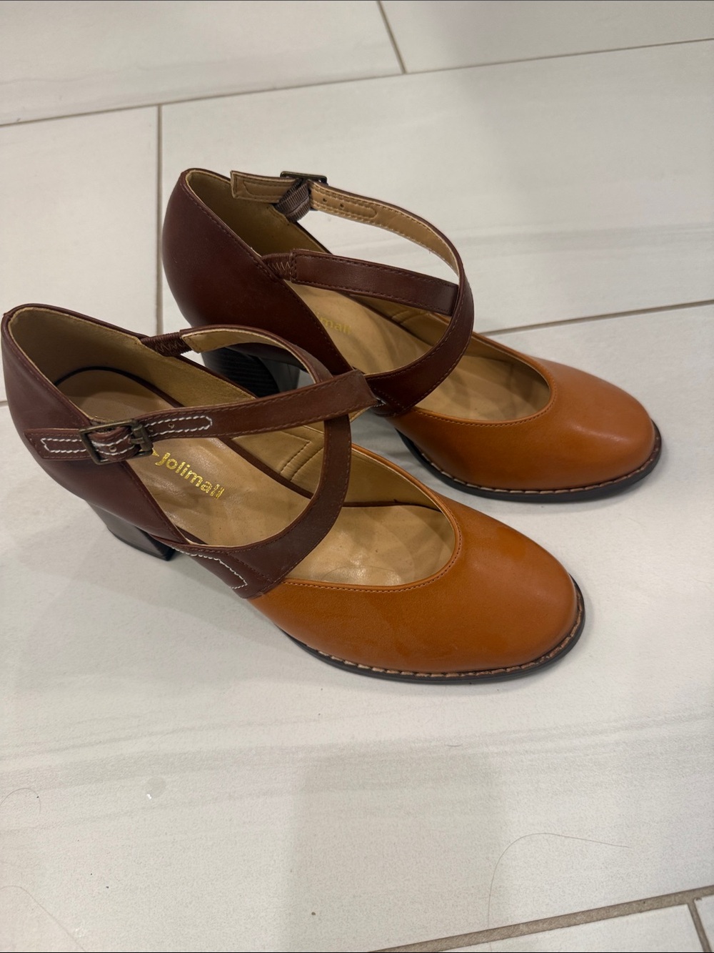 Two-Tone Brown Leather Cross-Strap Heels